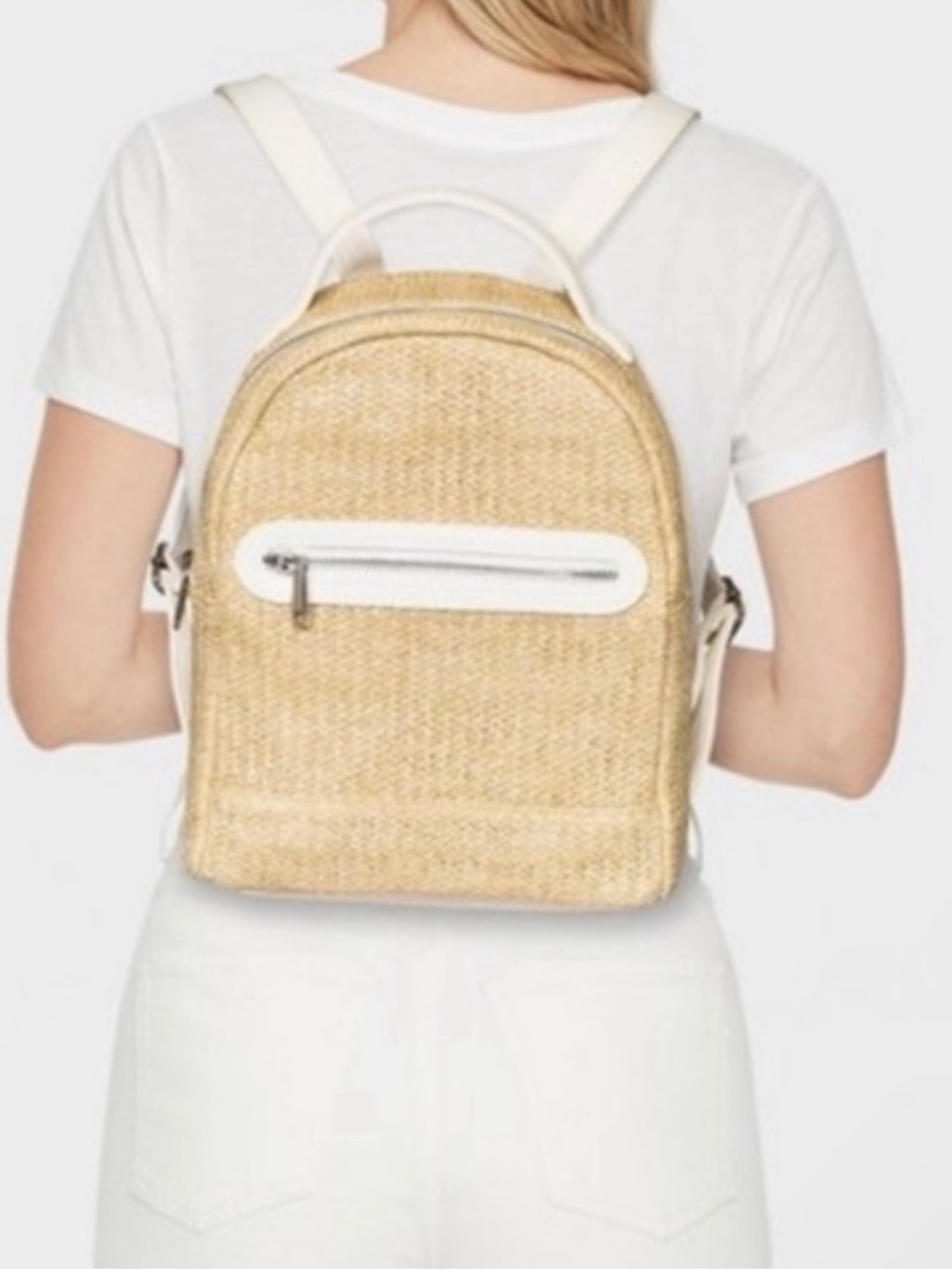Wold Fable Woman’s Straw Mini Backpack with White Trim